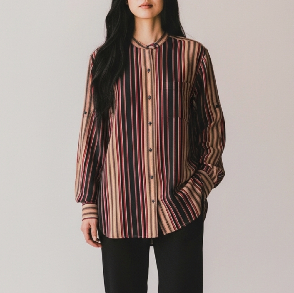 Lauren Ralph Lauren Silk Linen Striped Button Up Blouse